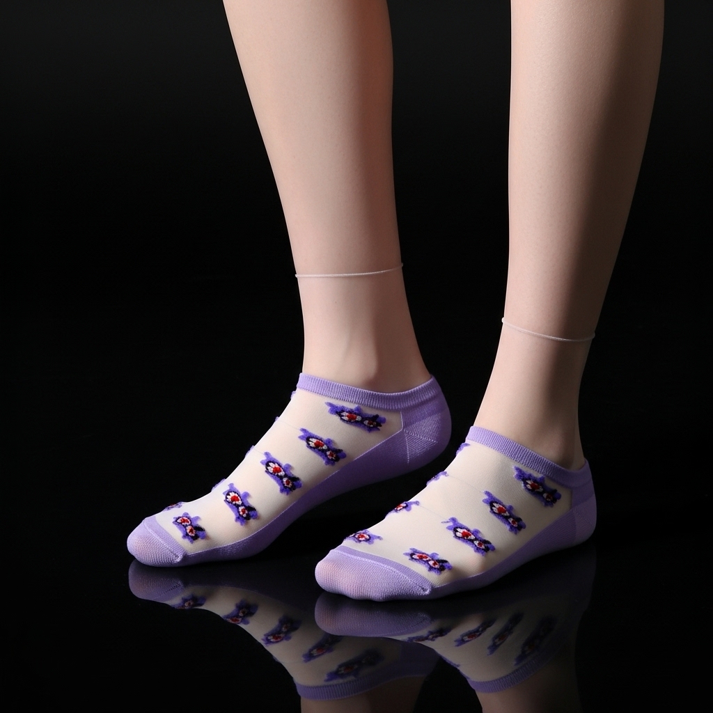 Lavender Sheer Ankle Socks with Floral Embroidery