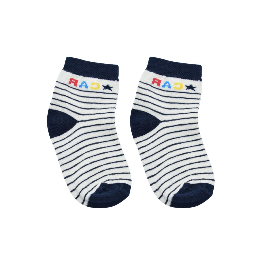 Navy Blue & White Striped Baby Socks – Soft Cotton with Fun “CAR” Design - Image 3