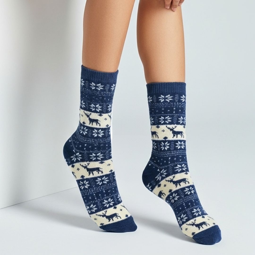 Woolen Winter Socks – Blue & Cream | Cozy Reindeer & Snowflake Design - Image 3