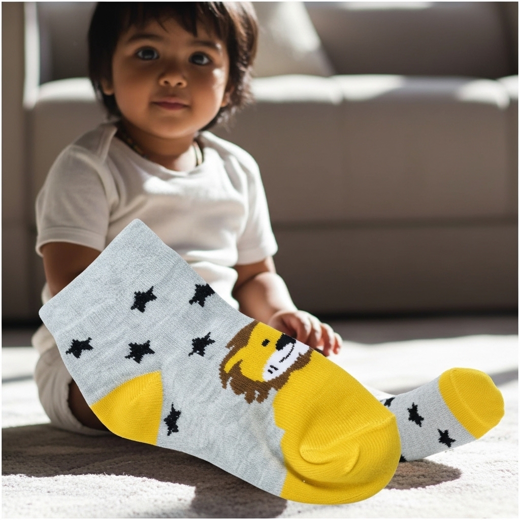 Kids’ Lion & Stars Ankle Socks – Grey & Yellow - Image 3