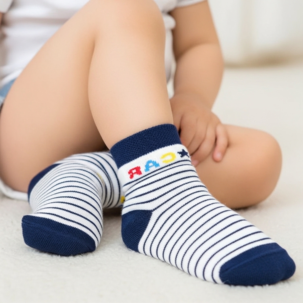 Navy Blue & White Striped Baby Socks – Soft Cotton with Fun “CAR” Design
