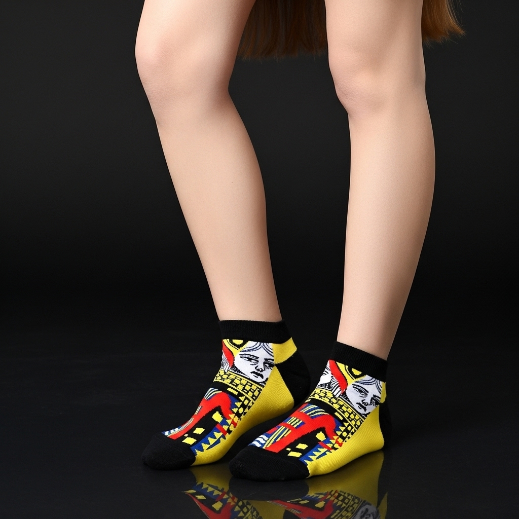Playing Card Queen Design Ankle Socks – Bold Yellow & Black Unisex Fashion Socks