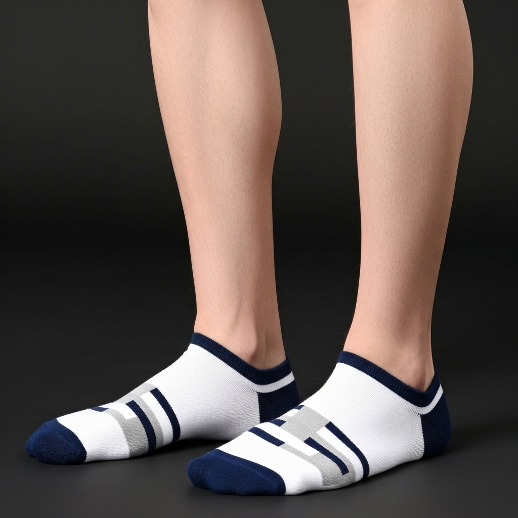 White Sporty Low-Cut Socks with Navy & Grey Stripes – Everyday Comfort