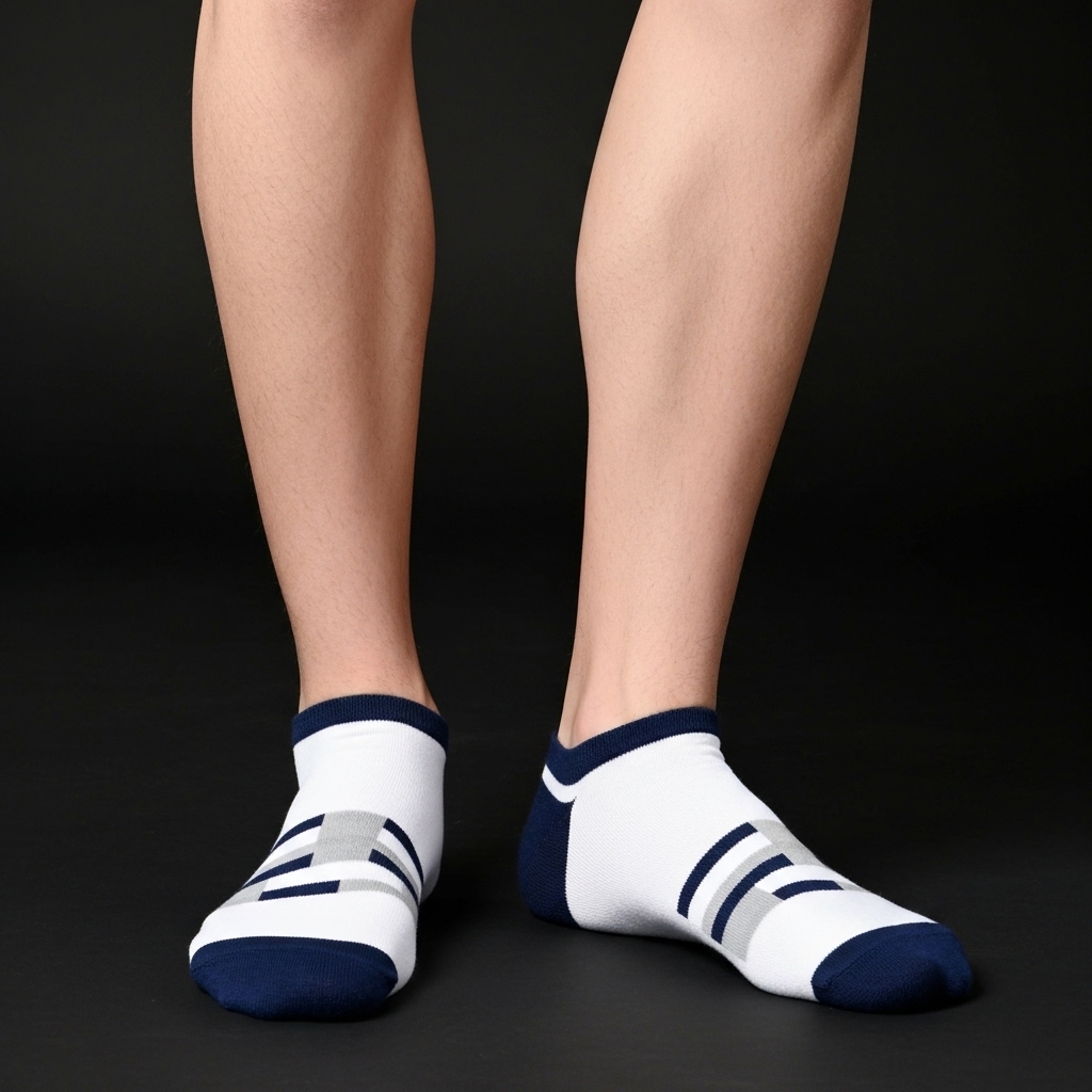 White Sporty Low-Cut Socks with Navy & Grey Stripes – Everyday Comfort - Image 3