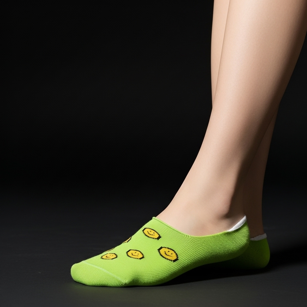 Green No-Show Socks with Smiley Face Design – Fun & Comfortable Everyday Wear - Image 3