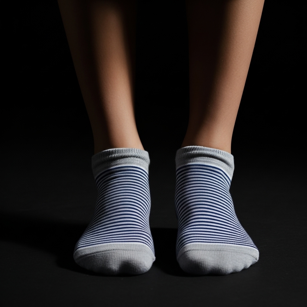 Unisex Low-Cut Ankle Socks – Grey with Navy Blue Stripes - Image 4
