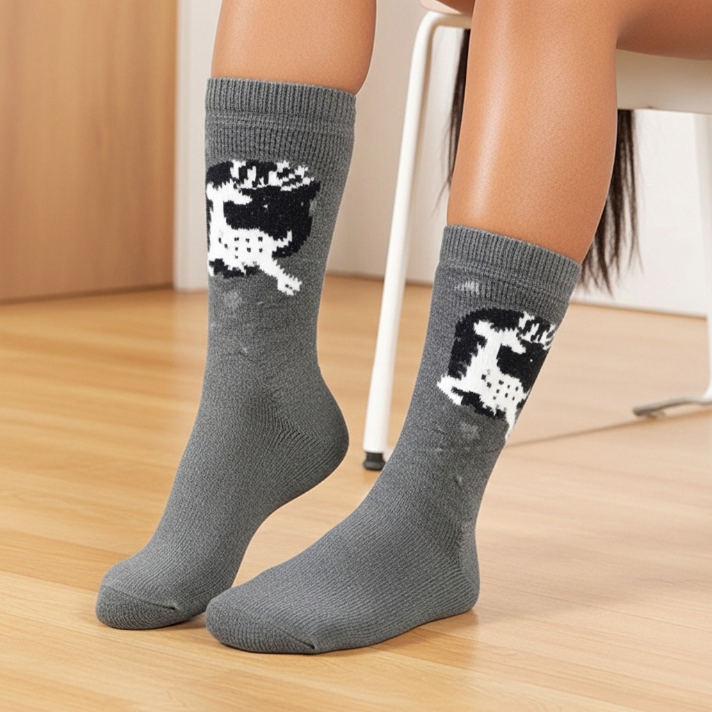 Winter Wool Blend Crew Socks in Charcoal Grey with Reindeer Design