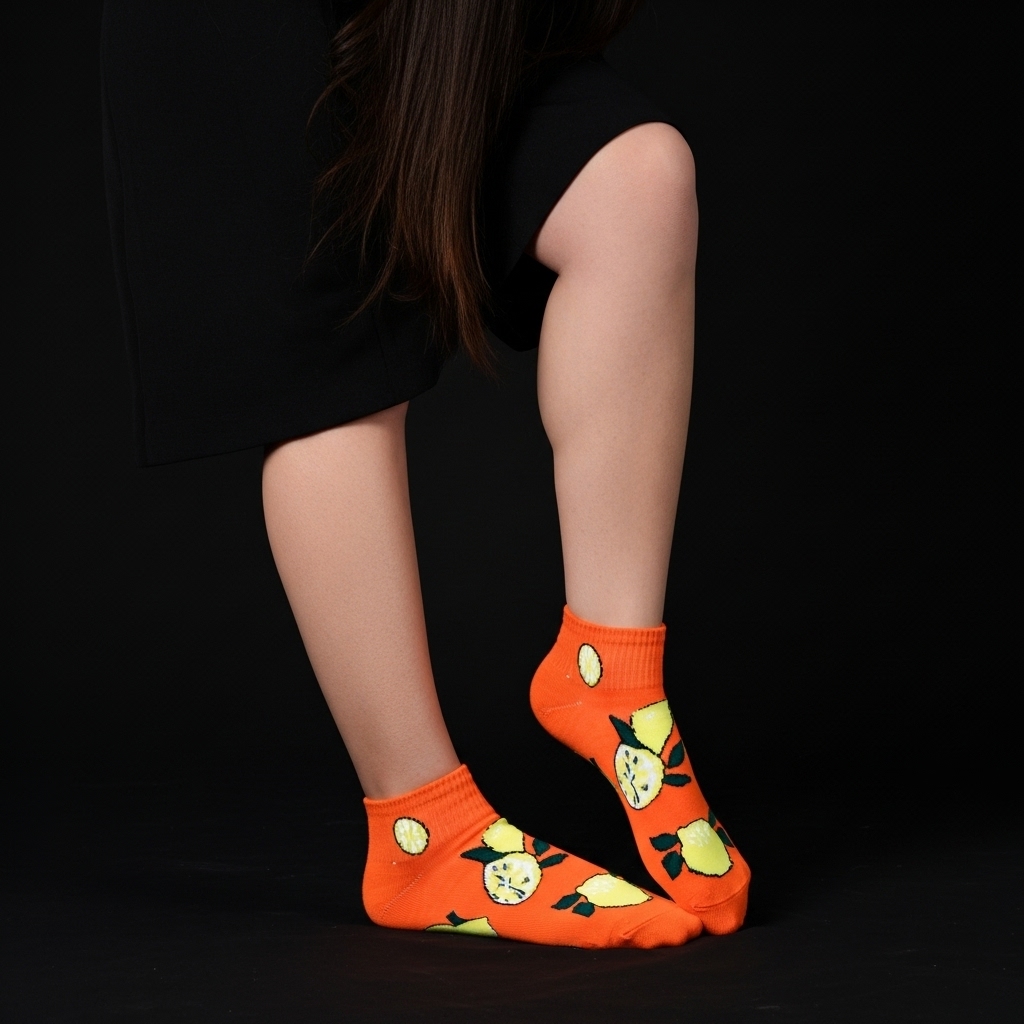 Orange Ankle Socks with Lemon – Fun Fruit Design, Soft Cotton Blend