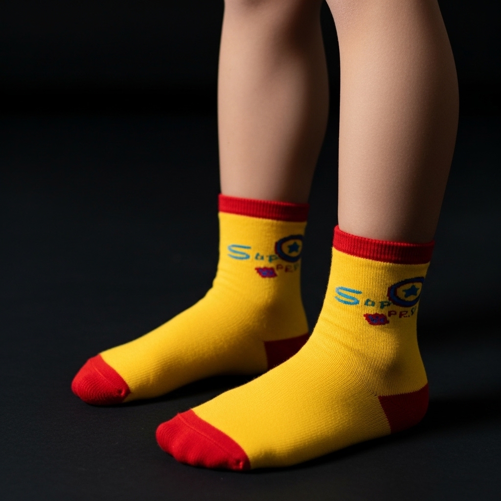 Kids Yellow Superhero-Themed Socks – Soft Cotton Blend with Fun Design
