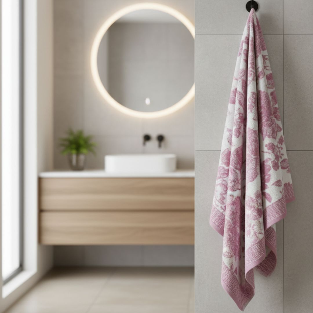 Quick Dry White Bath Towel with Pink Floral Design – 580 GSM Extra Large (145×80 cm) Ultra Soft & Super Absorbent