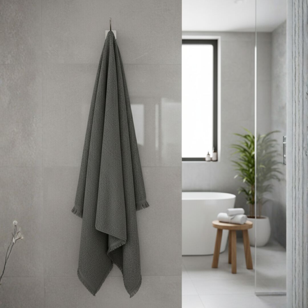 Quick Dry Charcoal Grey Textured Cotton Bath Towel – 685 GSM Extra Large (145×80 cm) Ultra Soft & Super Absorbent