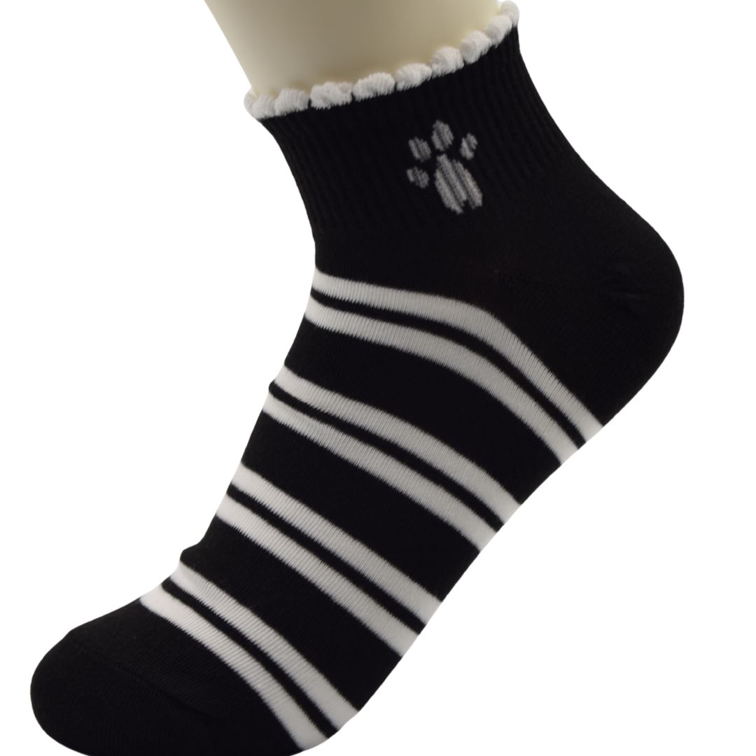 Striped Ankle Socks with Paw Print – Soft Cotton Stretch Socks for Men & Women (Black & White) - Image 3