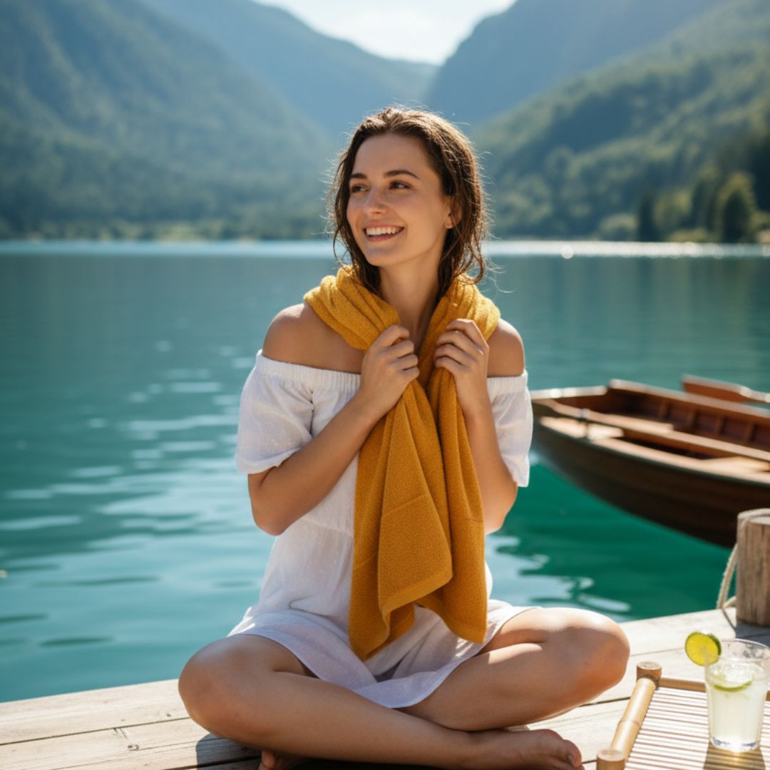 Super Absorbent Mustard Yellow Cotton Bath Towel – 470 GSM Large Size (140×65 cm) Soft & Quick Dry - Image 4