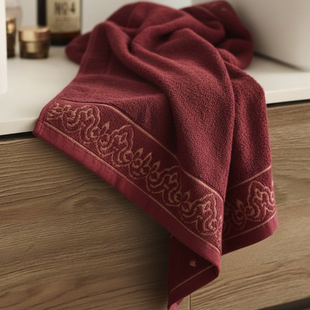 Premium Absorbent Maroon Bath Towel with Elegant Border Design – 510 GSM, Large Size (130×65 cm) Soft & Quick Dry