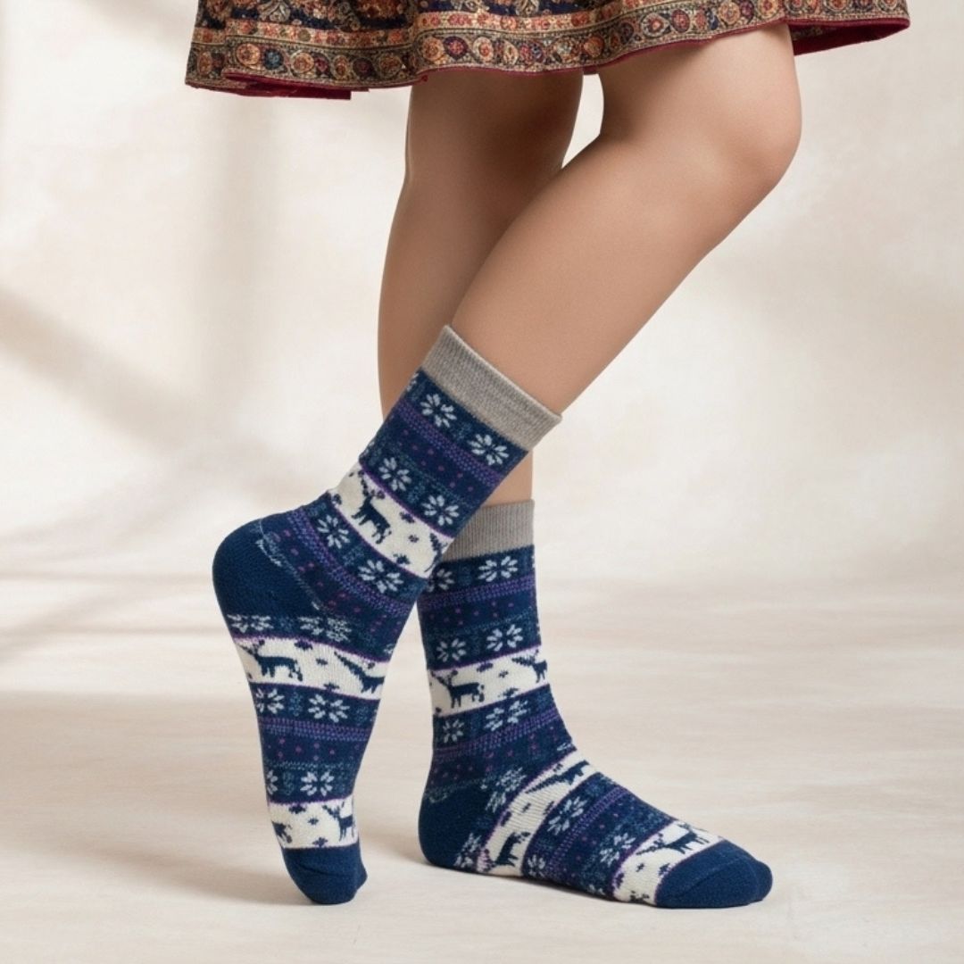 Cozy Winter Wool Socks – Blue Nordic Reindeer & Snowflake Pattern
