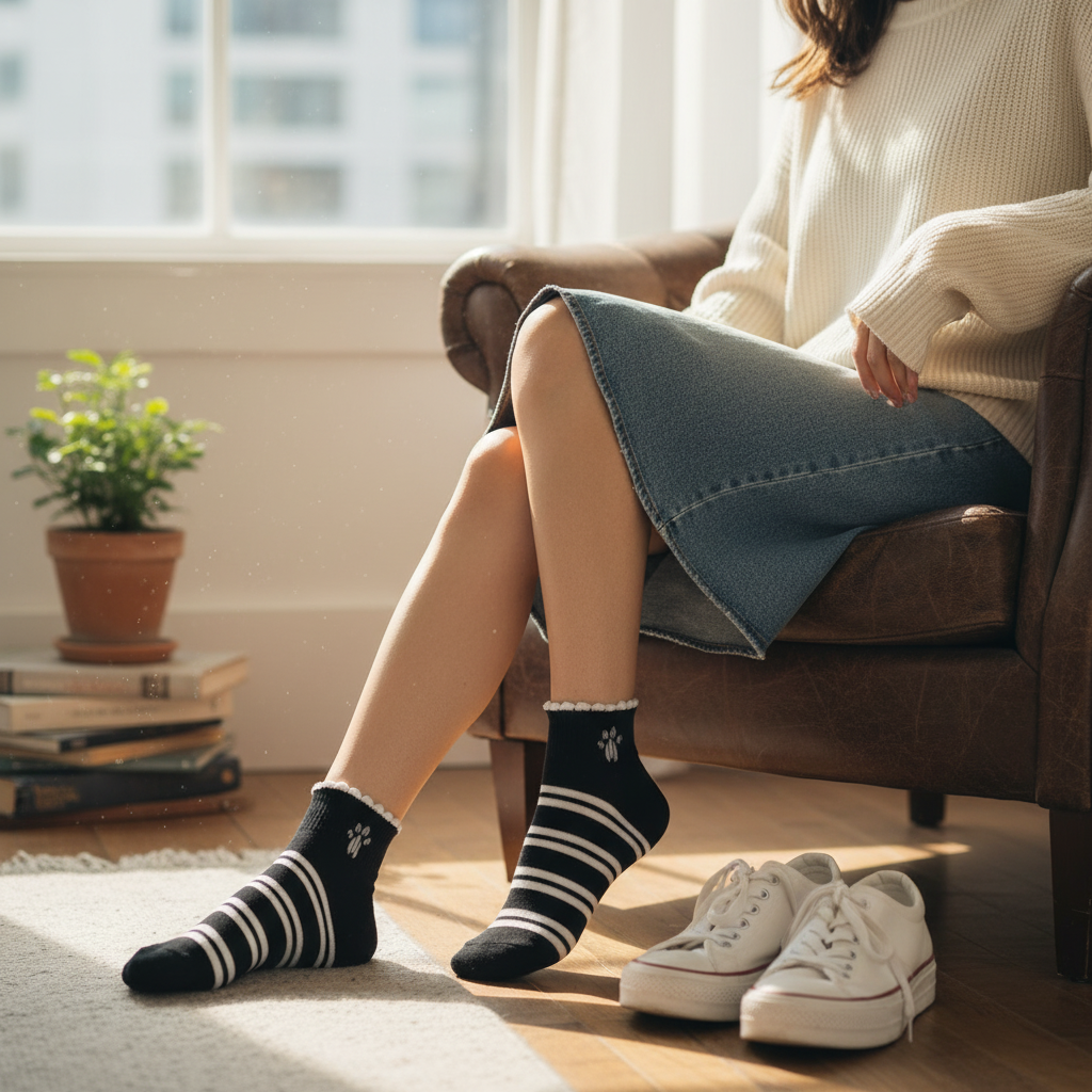 Striped Ankle Socks with Paw Print – Soft Cotton Stretch Socks for Men & Women (Black & White)