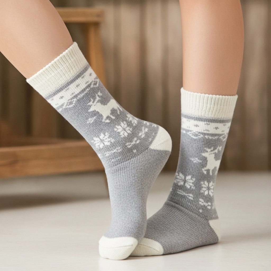 Classic Grey Woolen Winter Socks with Reindeer Design | Ultra-Soft & Warm