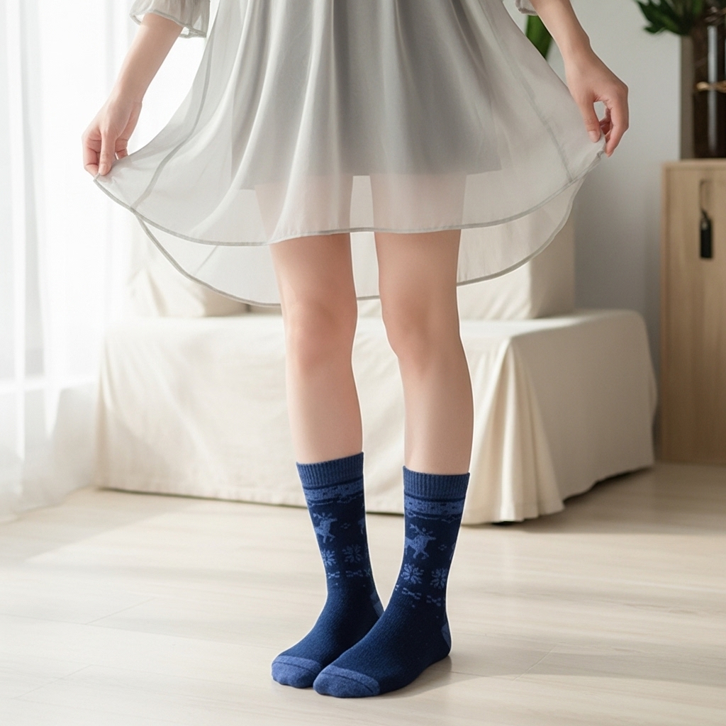 Navy Blue Winter Woolen Socks with Reindeer Design – Warm & Soft Thermal Socks - Image 3