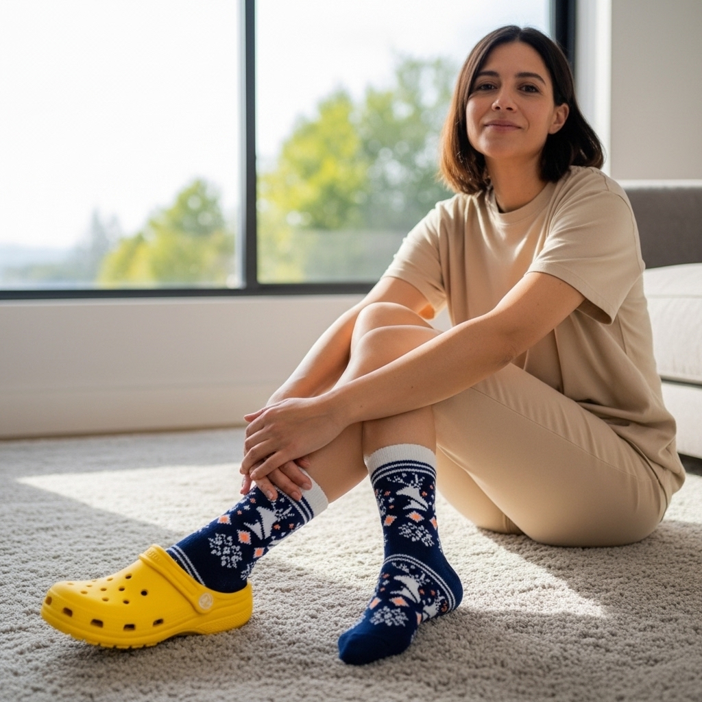 Navy Blue Woolen Crew Socks – Fleece-Lined Reindeer & Snowflake Knit Design