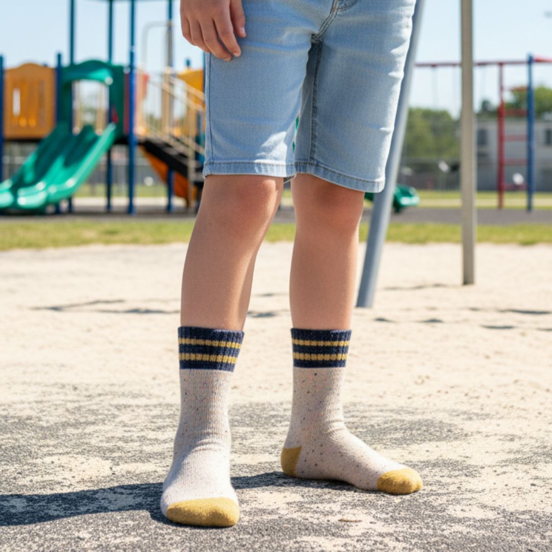 Speckled Beige Kids Socks | Durable Gold & Navy Striped Athletic Crew Socks