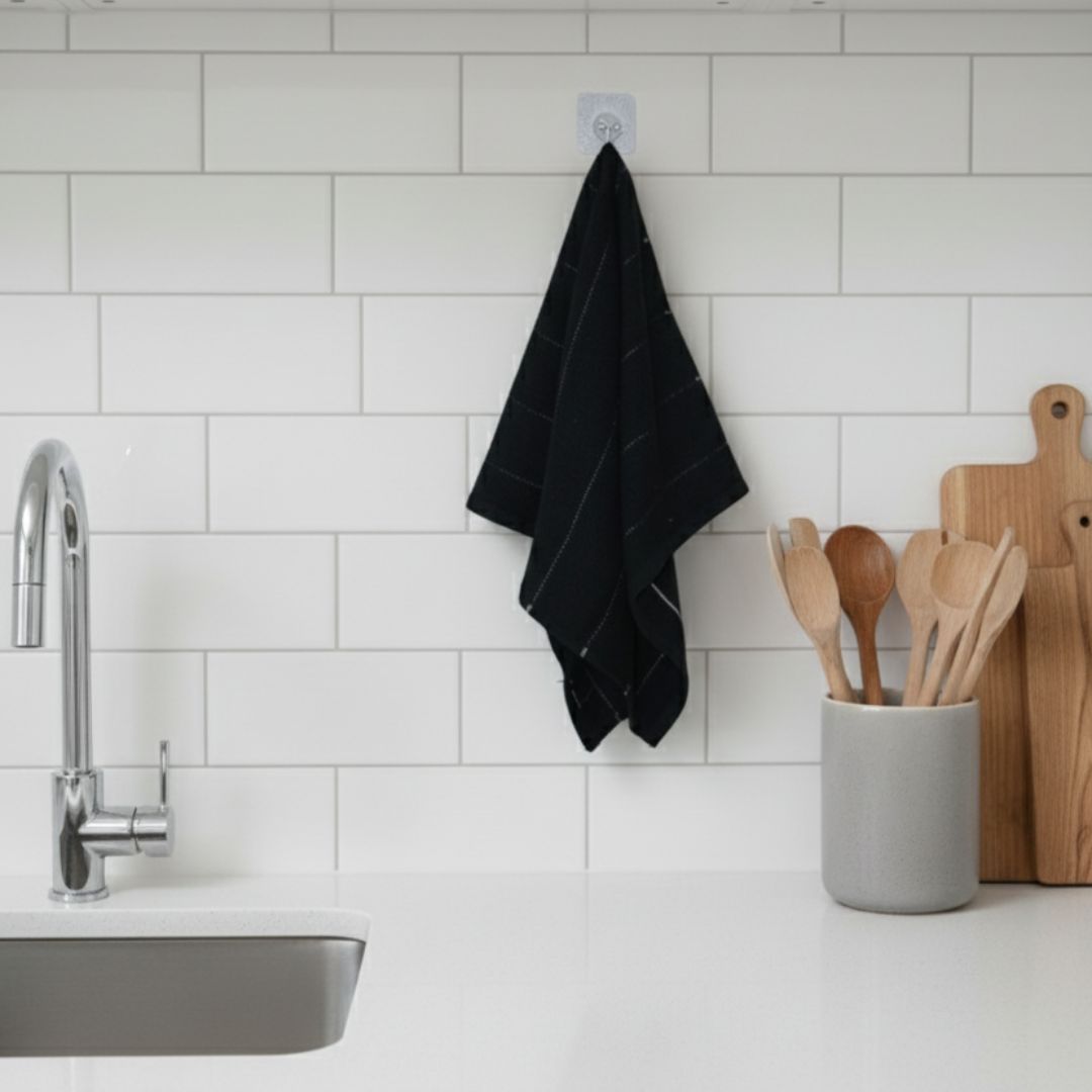 Black Cotton Kitchen Towel with White Dotted Lines – Soft, Quick Dry & Elegant Design