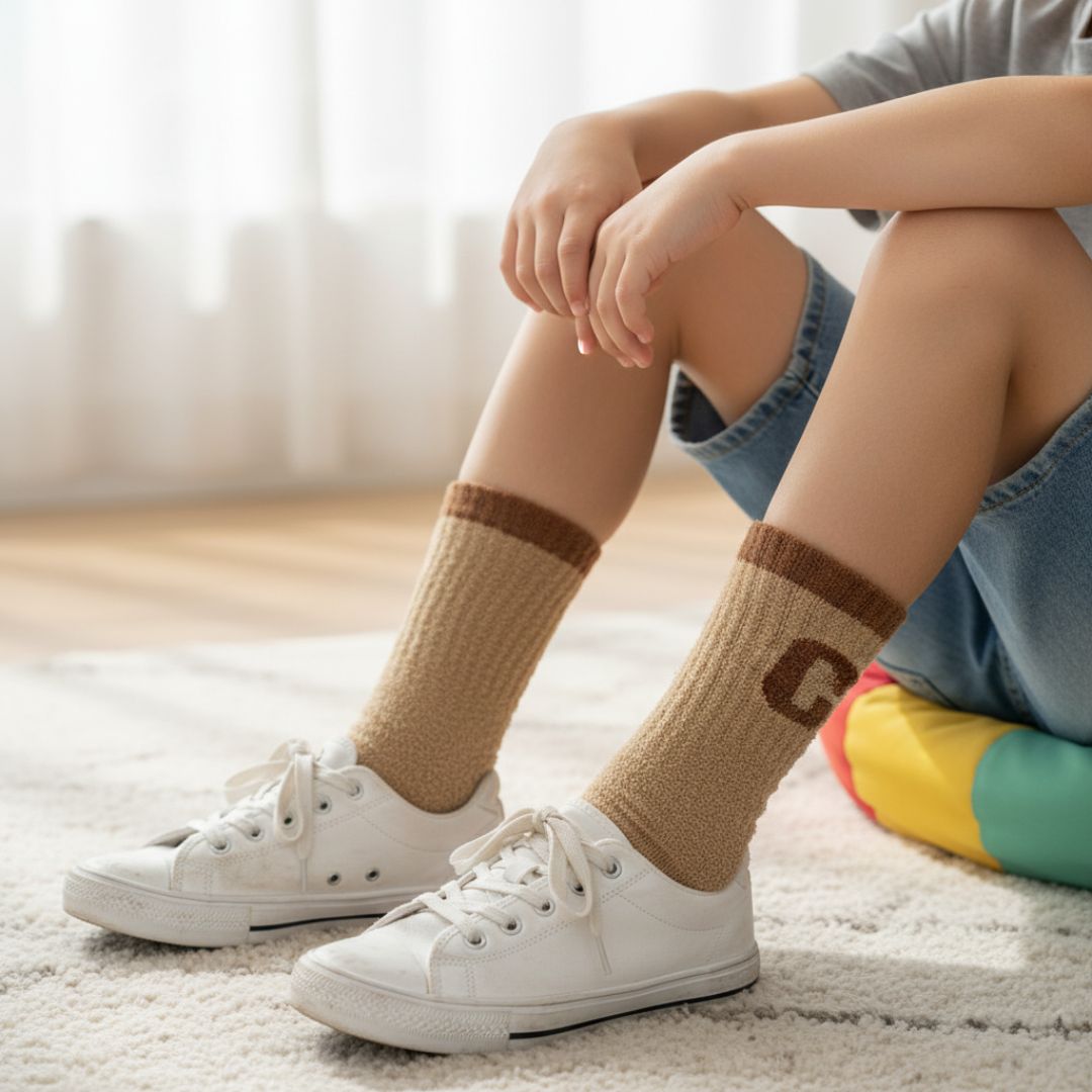 Ultra-Soft Fuzzy Khaki Crew Socks with Embroidered 'C' Logo - Image 3