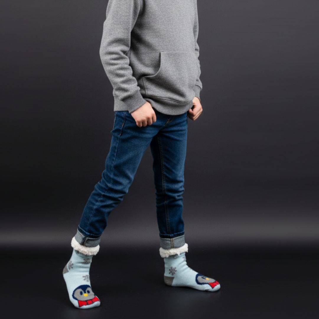 Cozy Knit Slipper Socks in Light Blue with Snowflake Pattern, Character Toe, and Fluffy Sherpa Cuff - Image 3
