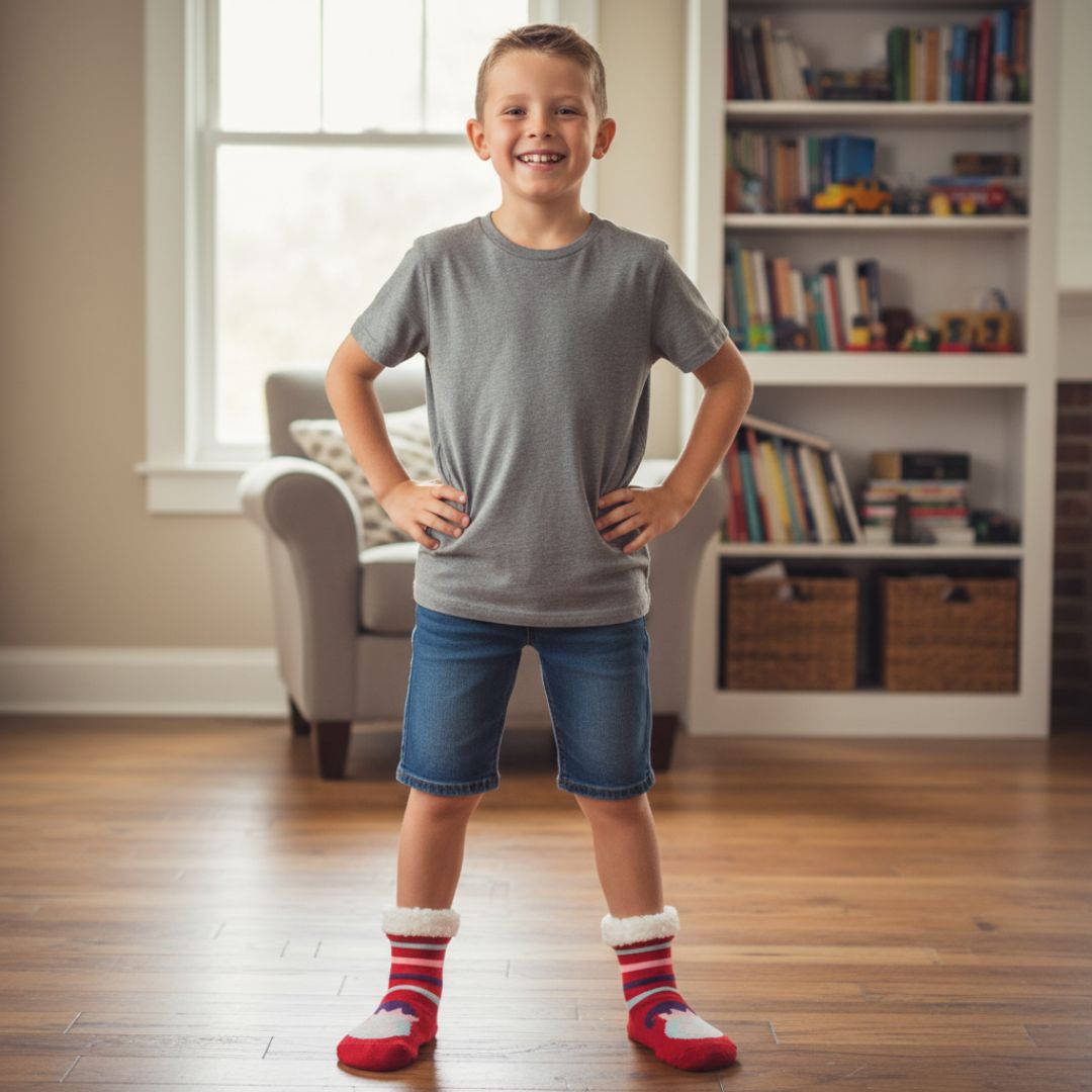 Ultra-Soft Plush Knit Slipper Socks in Red with Multi-Color Stripes, Festive Character, and Sherpa Cuff - Image 3