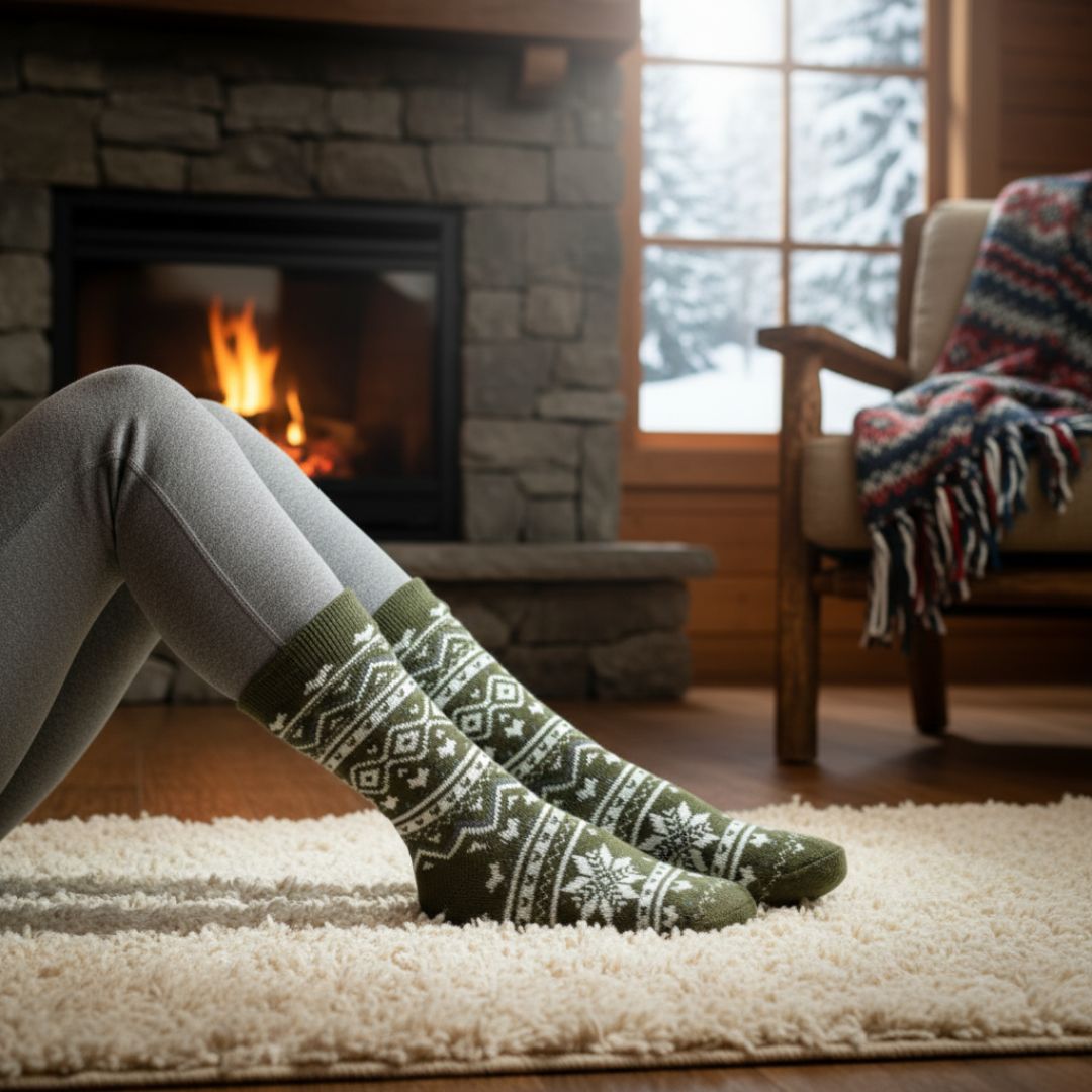 Extra-Long Olive Green Unisex Thermal Socks | Cozy Snowflake Holiday Knit - Image 3