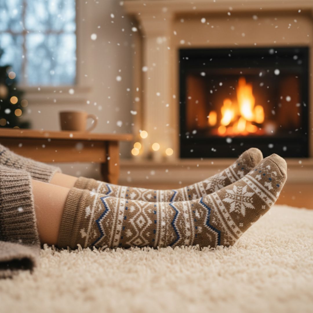 Extra-Long Tan Unisex Thermal Socks | Fair Isle Winter Home Socks with Blue Detail - Image 3