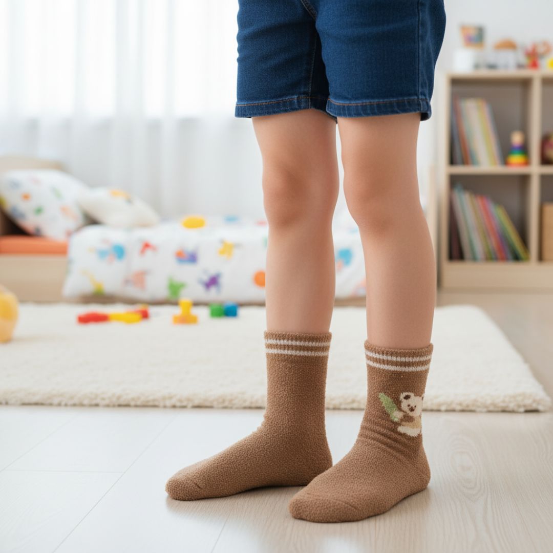 Ultra-Soft Fuzzy Mocha Brown Kids Crew Socks with Koala & Eucalyptus Design - Image 3