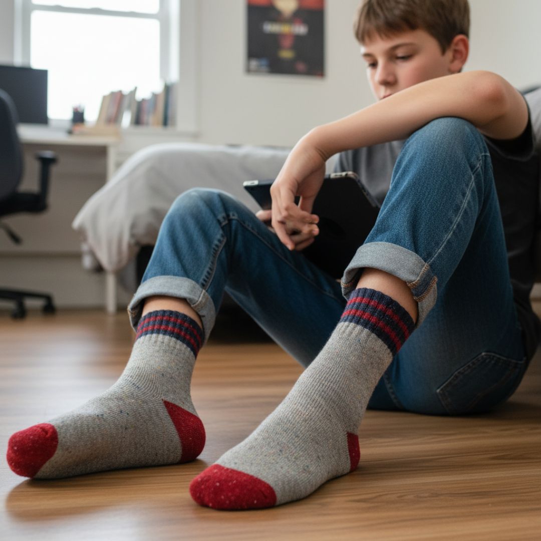 Durable Speckle Knit Kids Socks | Athletic Grey, Navy & Red Playground Socks - Image 3