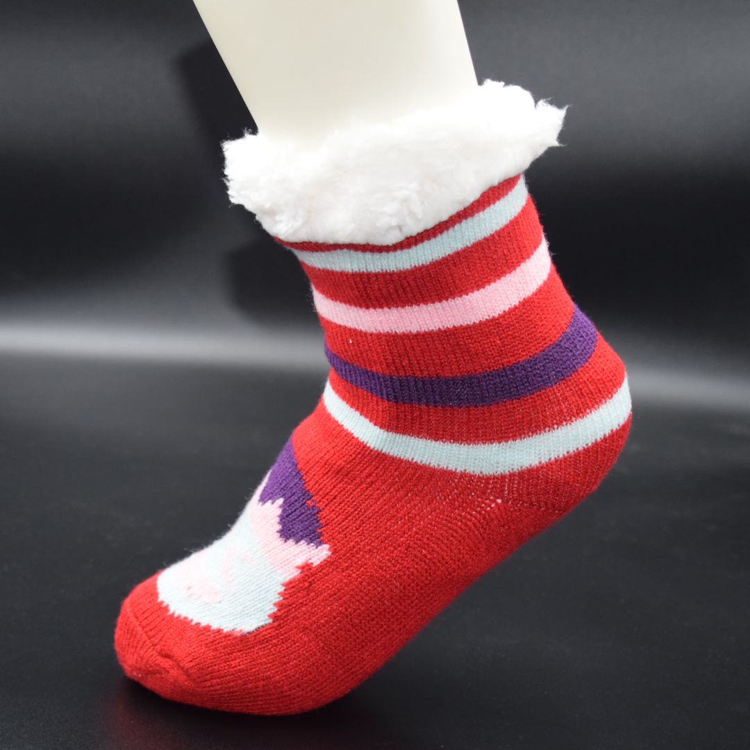 Ultra-Soft Plush Knit Slipper Socks in Red with Multi-Color Stripes, Festive Character, and Sherpa Cuff - Image 4