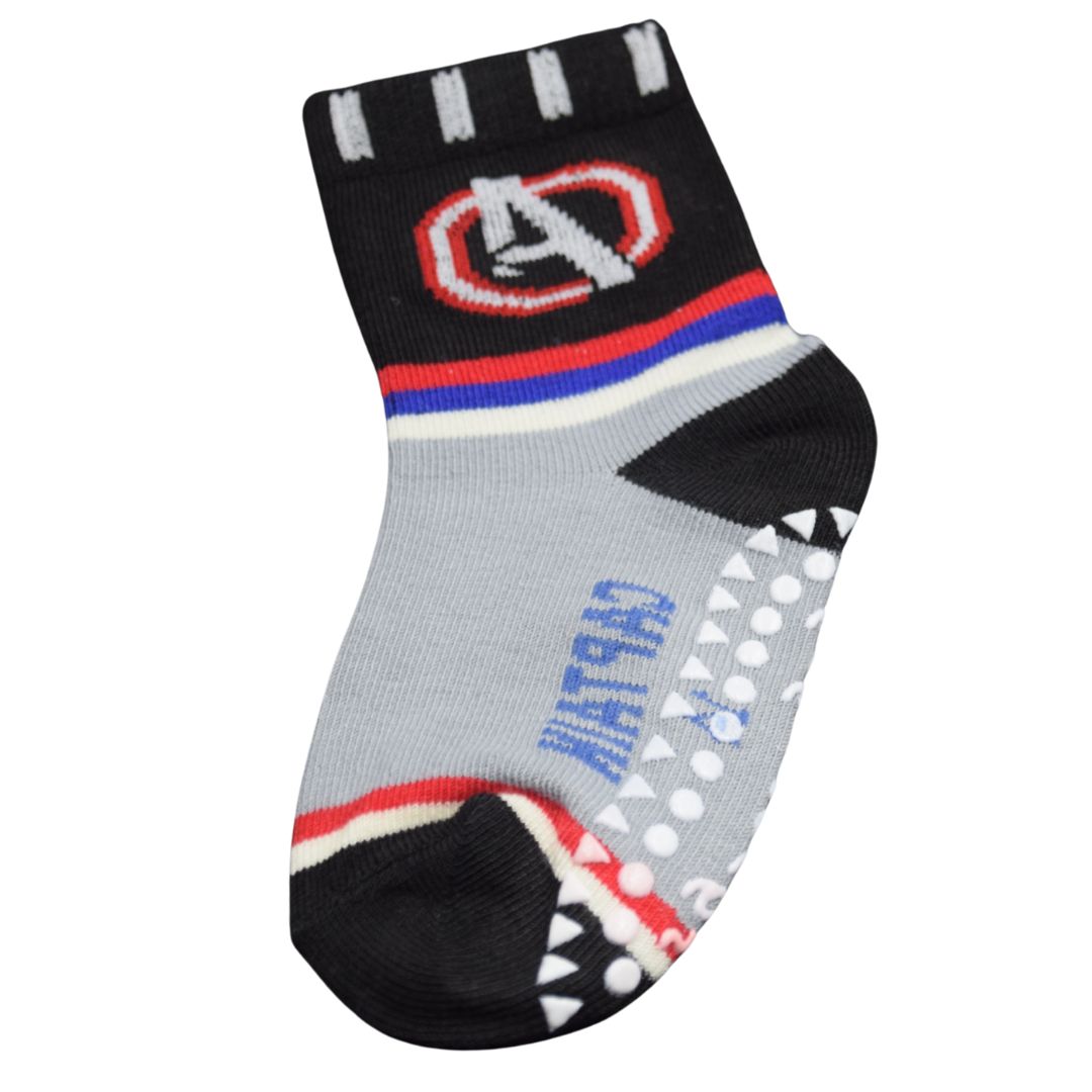 Breathable Cotton Kids' Anti-Skid Socks in Grey/Black with 'A' Logo, Full Grip Sole, and Red Accents - Image 3