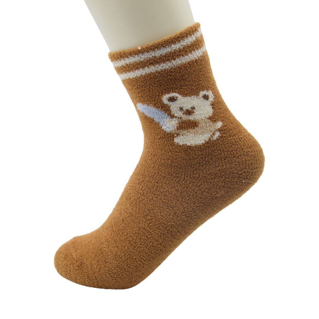 Ultra-Soft Fuzzy Mocha Brown Kids Crew Socks with Cozy Bear Design - Image 4