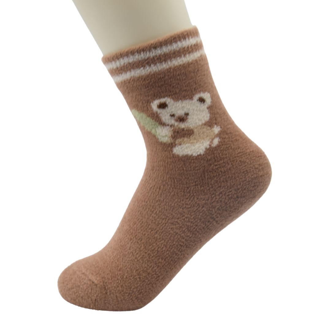 Ultra-Soft Fuzzy Mocha Brown Kids Crew Socks with Koala & Eucalyptus Design - Image 4