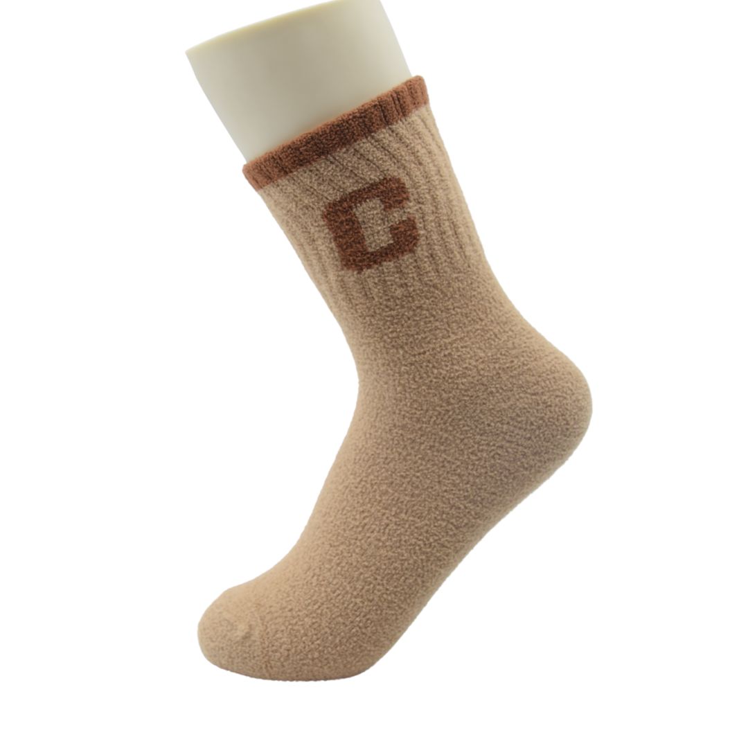 Ultra-Soft Fuzzy Khaki Crew Socks with Embroidered 'C' Logo - Image 4