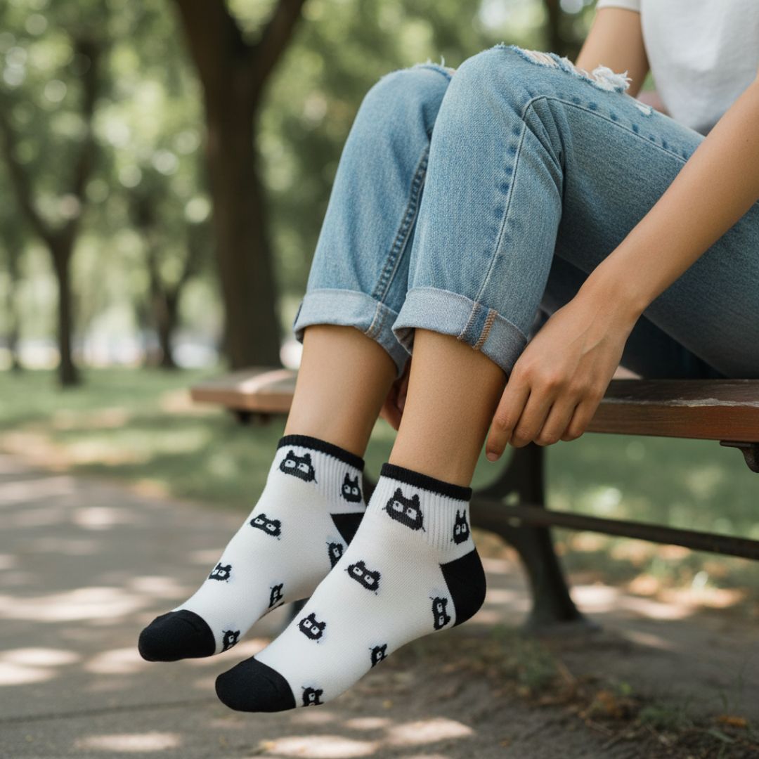 Cute Cartoon Face Ankle Socks | Soft Cotton Stretch Socks (White & Black)