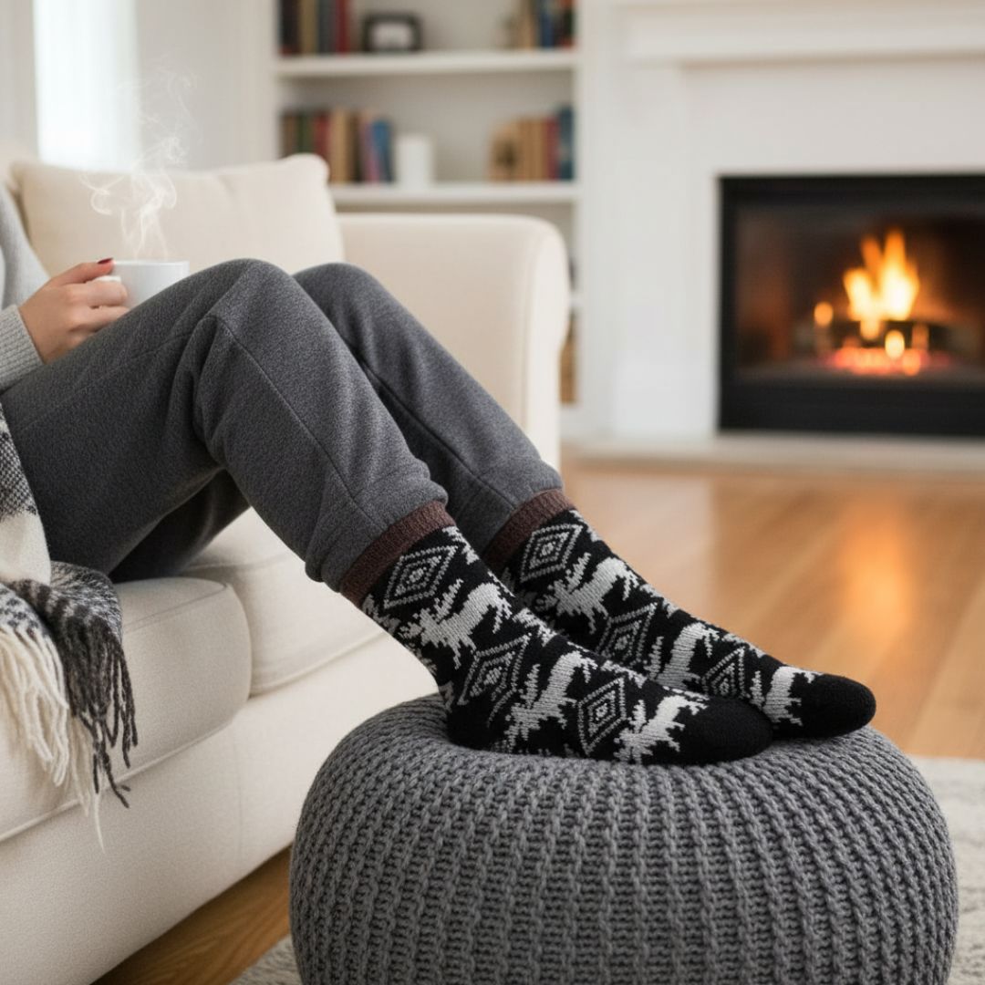 Black Woolen Thermal Socks | Soft Fleece-Lined Warm Winter Socks with Nordic Reindeer Pattern - Image 4