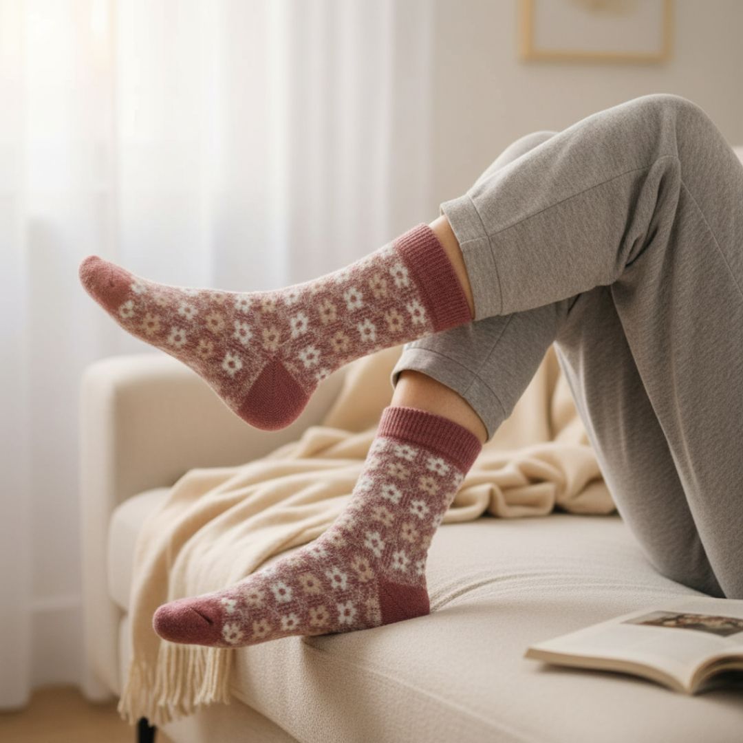 Pink Floral Woolen Thermal Socks | Soft Fleece-Lined Warm Winter Socks