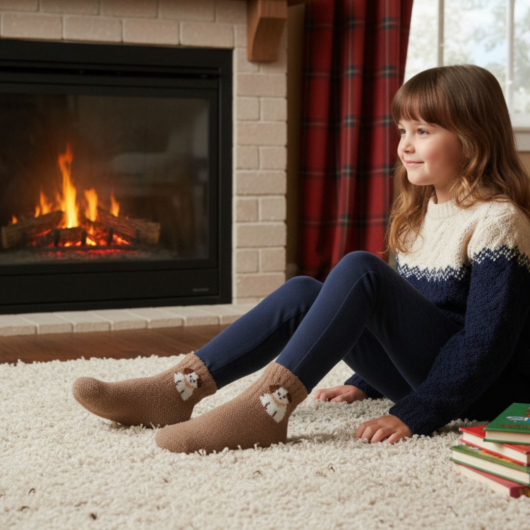 Warm Cocoa Brown Kids Winter Woolen Terry Socks with Puppy Design