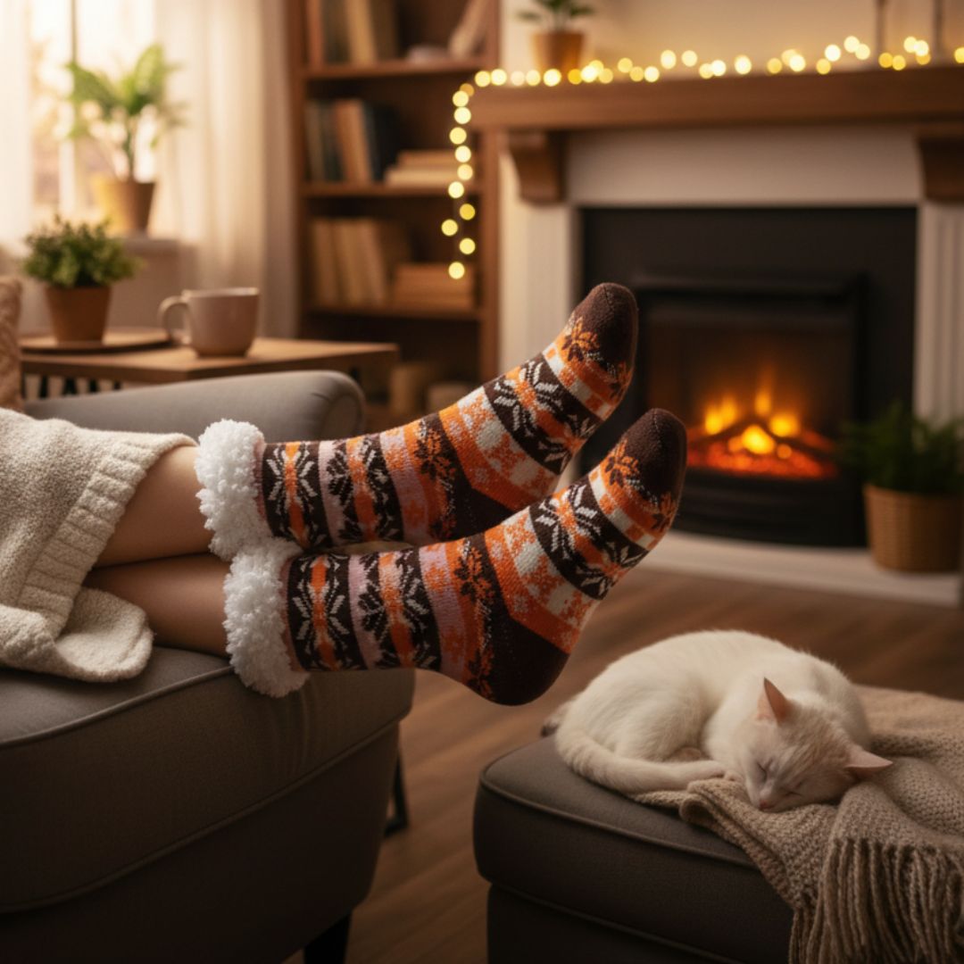 Brown & Orange Women Winter Home Socks with White Fur Cuff – Warm Cozy Indoor Socks
