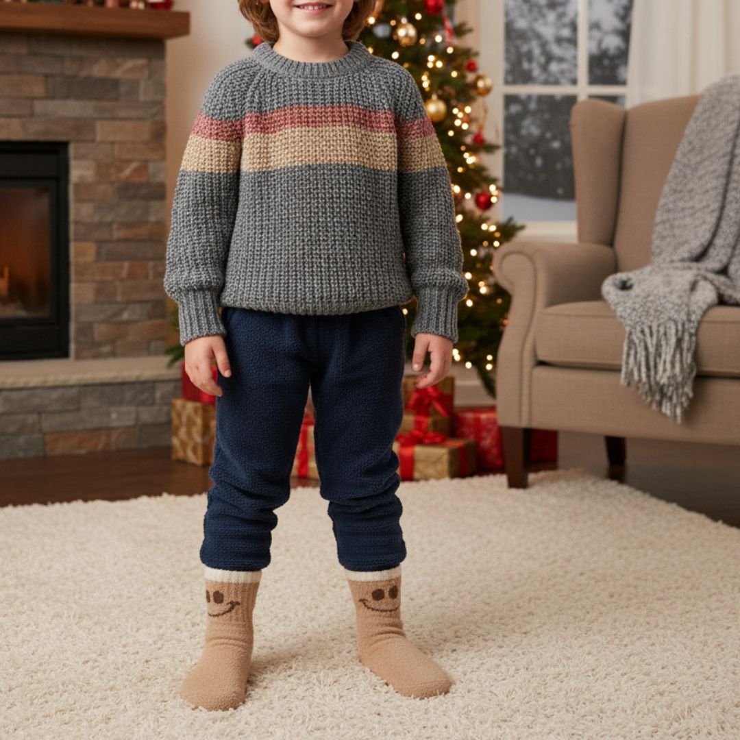 Brown Kids Winter Terry Socks with Smiley Design | Warm & Soft Woolen Socks - Image 3