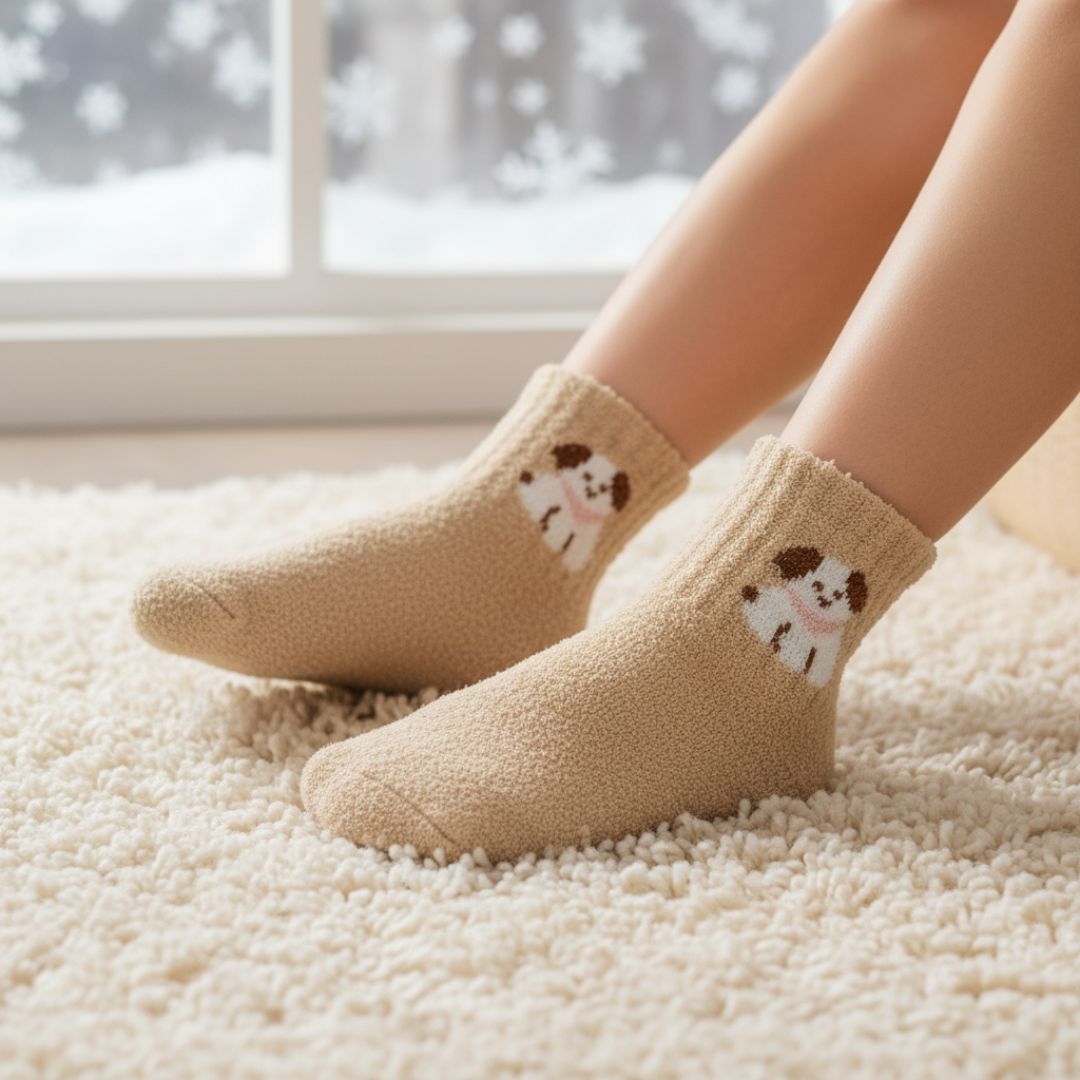 Warm Beige Kids Winter Woolen Terry Socks with Puppy Design - Image 3