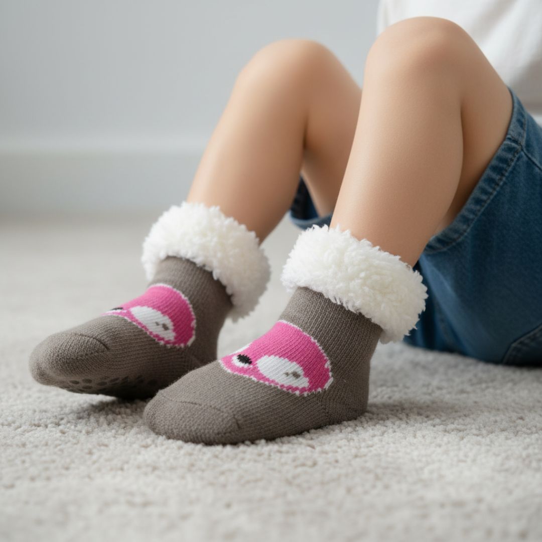 Grey & Pink Cartoon Woolen Kids Winter Socks (3–4 Years) with Fur Cuff - Image 3