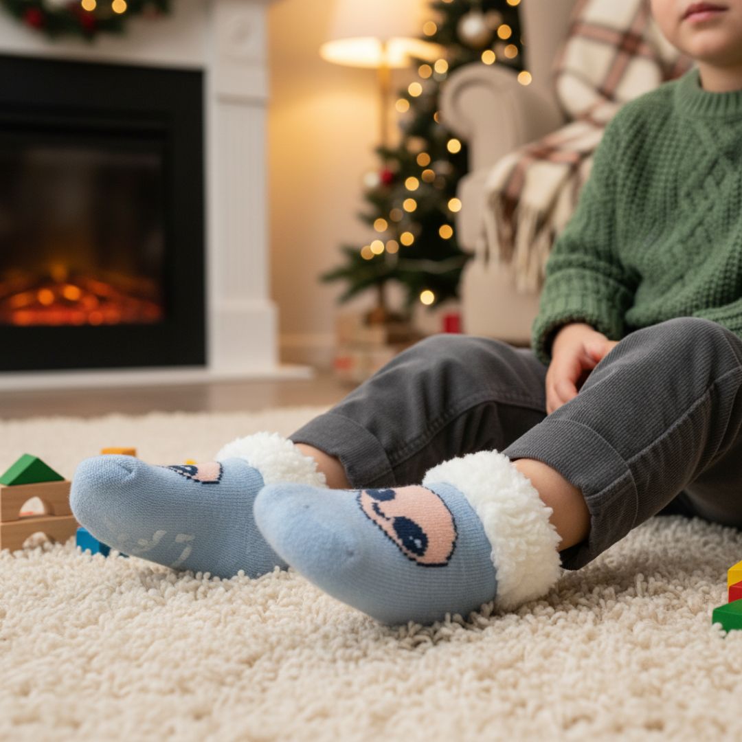 Blue Kids Winter Socks with Cute Face Design & Soft Fur Cuff (3–4 Years) - Image 3