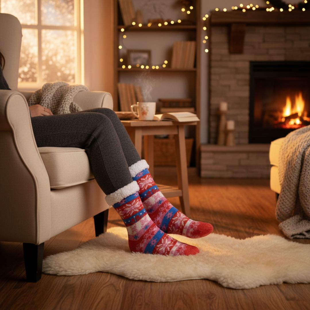 Red & Pink Women Winter Home Socks with White Fur Cuff – Warm & Cozy Indoor Socks - Image 3