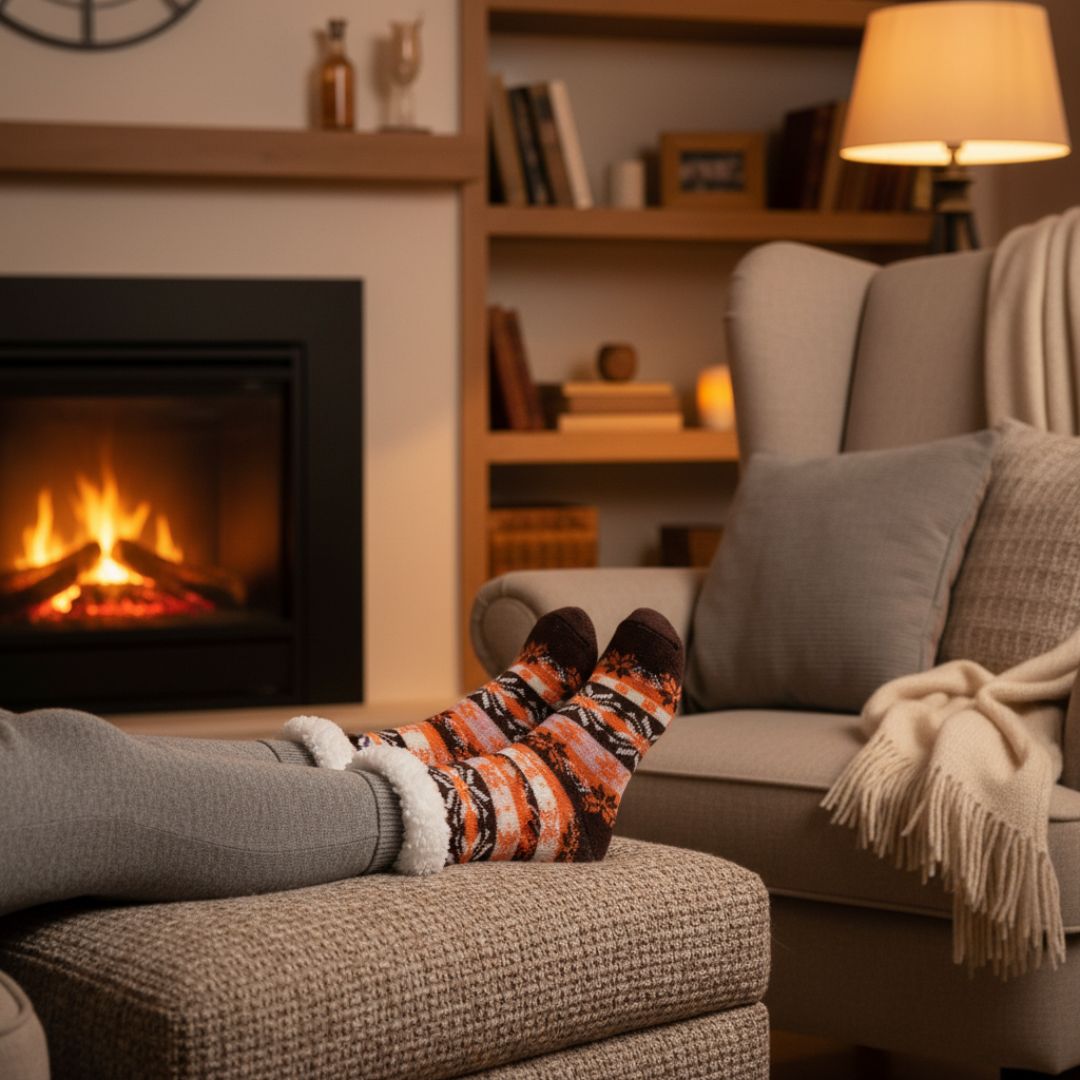 Brown & Orange Women Winter Home Socks with White Fur Cuff – Warm Cozy Indoor Socks - Image 3
