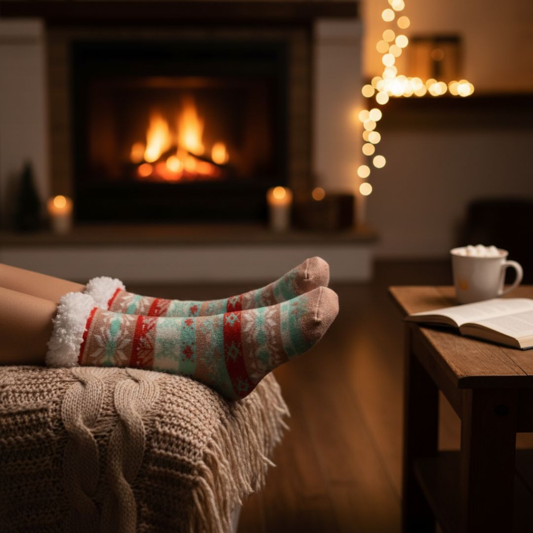 Mint Green, Peach & Red Women Winter Home Socks with White Fur Cuff – Cozy Warm Indoor Socks - Image 3