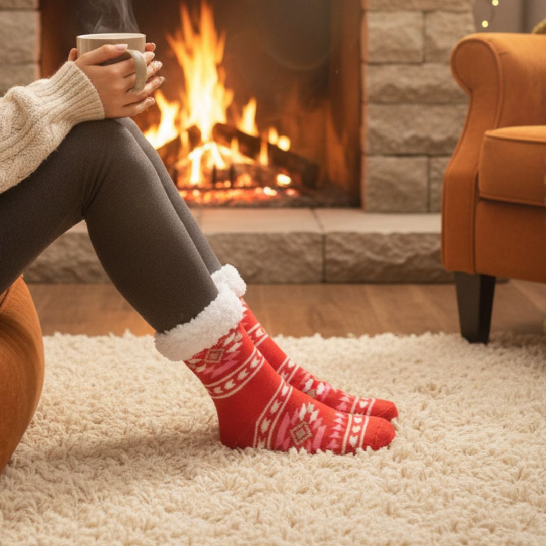 Red & White Women Winter Home Socks with Fur Cuff – Warm Cozy Indoor Socks - Image 3